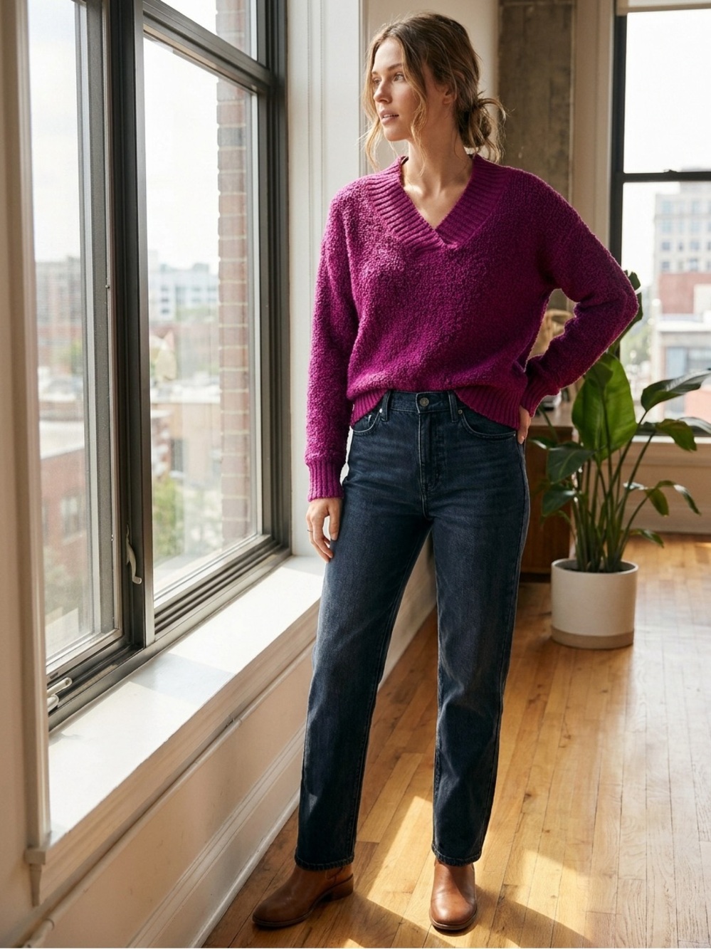 Talbots V-Neck Sweater in Vibrant Magenta